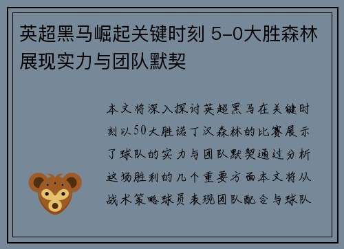 英超黑马崛起关键时刻 5-0大胜森林展现实力与团队默契