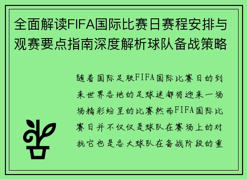 全面解读FIFA国际比赛日赛程安排与观赛要点指南深度解析球队备战策略