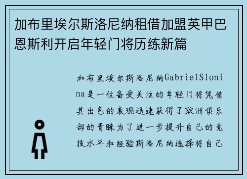 加布里埃尔斯洛尼纳租借加盟英甲巴恩斯利开启年轻门将历练新篇